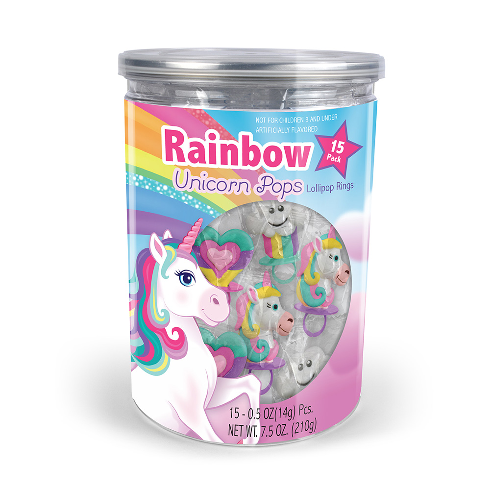 15pk Rainbow Unicorn Lollipop Rings Tub 